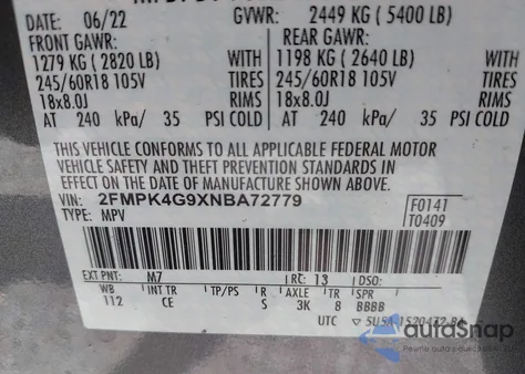 2022 Ford Edge Se from USA, damaged, VIN 2FMPK4G9XNBA72779